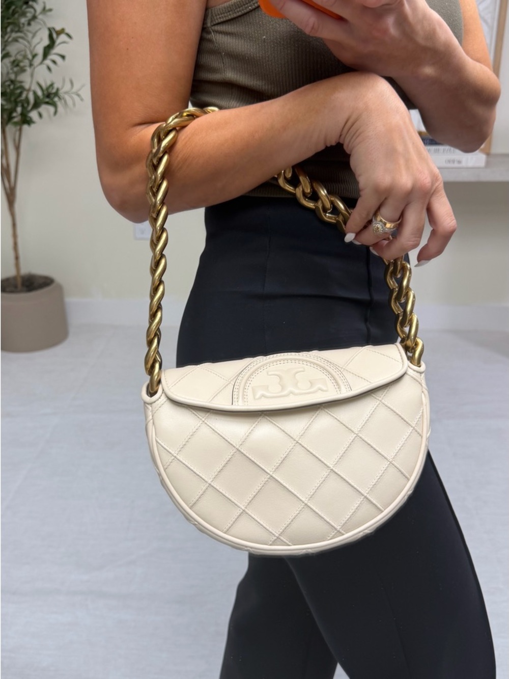 Tory Burch Cream Quilted Half-Moon Shoulder Bag with Gold Chain